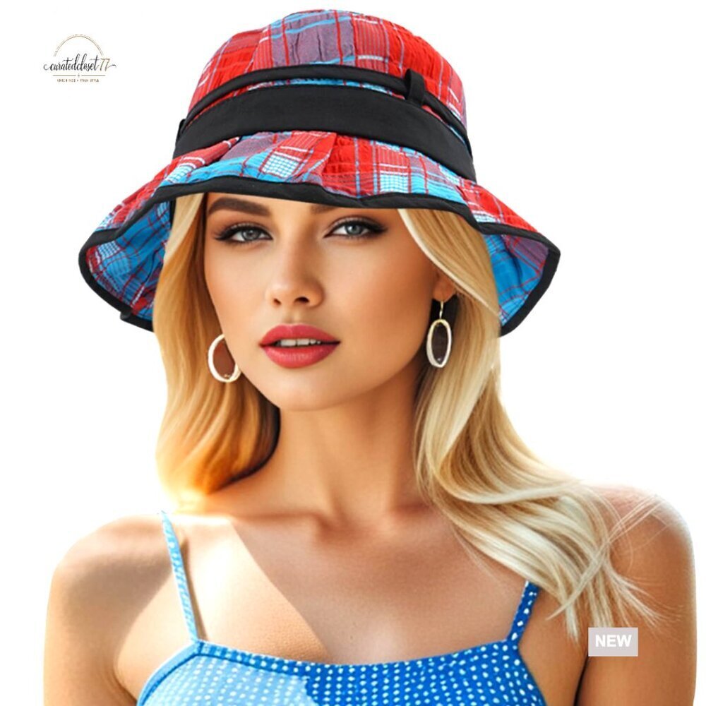 Foldable Plaid Bucket Hat with Chin Strap for Outdoor Sun Protection